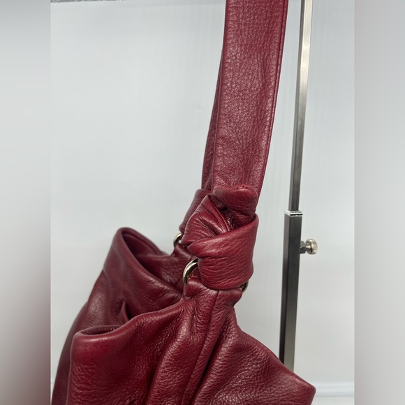 ELLIOTT LUCCA Padova Burgundy Leather Drawstring Woven Bucket Bag Tote Hobo - Picture 4 of 16